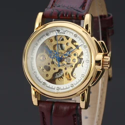 WINNER NEW Mechanical Wrist Watches Golden Dress Skeleton Diamond Dial Fashion Casual Leather Men Women Montre