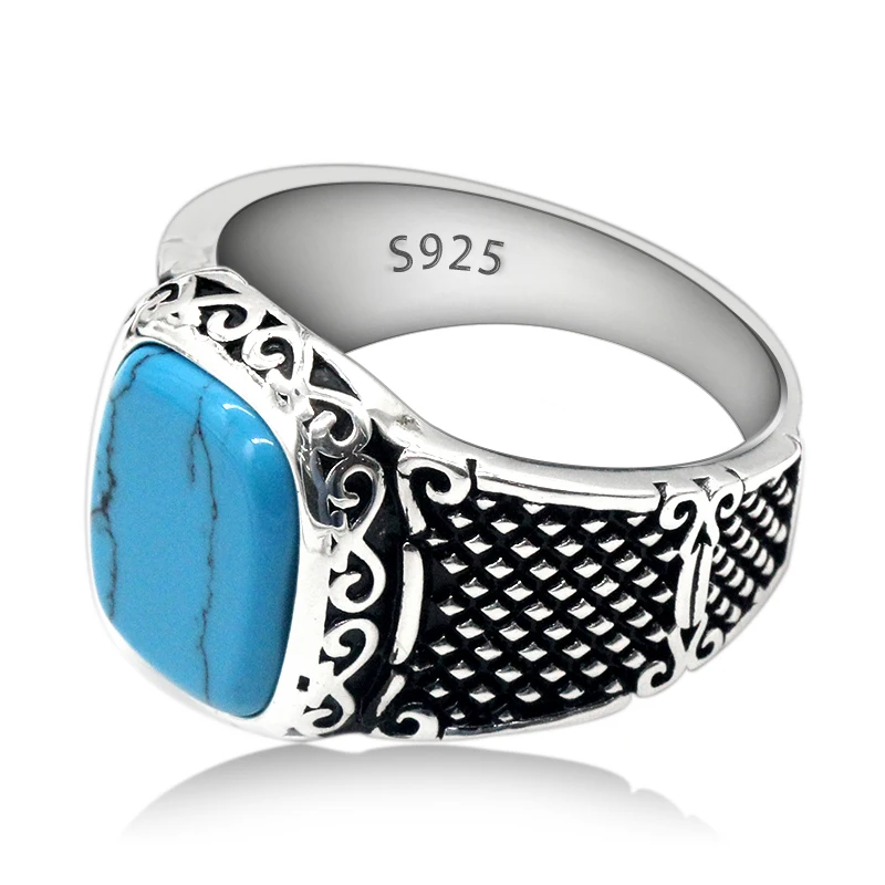 S925 خاتم من الفضة الإسترليني الفيروزية للرجال ، خمر ، بسيط ، يدوي الصنع ، عطلة ، هدية حفلة ، مجوهرات