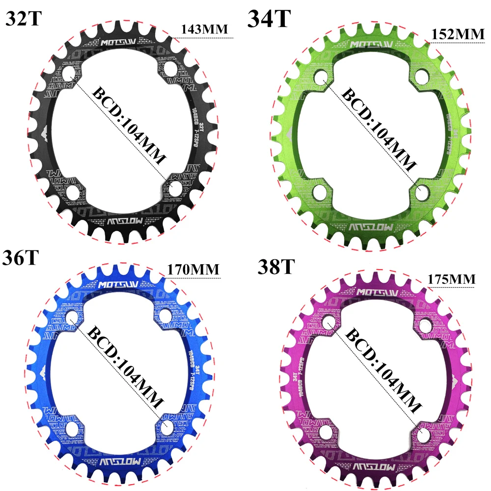 MOTSUV Bicycle Crank 104BCD 32T/34T/36T/38T Oval Chainring Narrow Wide MTB bike Chainwheel Circle Crankset Plate Bicycle Parts