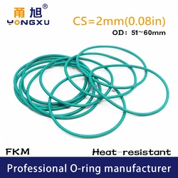 Green FKM Fluorine Rubber O-rings Seals CS2mm OD 51/52/53/54/55/56/57/58/59/60*2mm O Rings Seal Gasket Rings Fuel fkm Washer