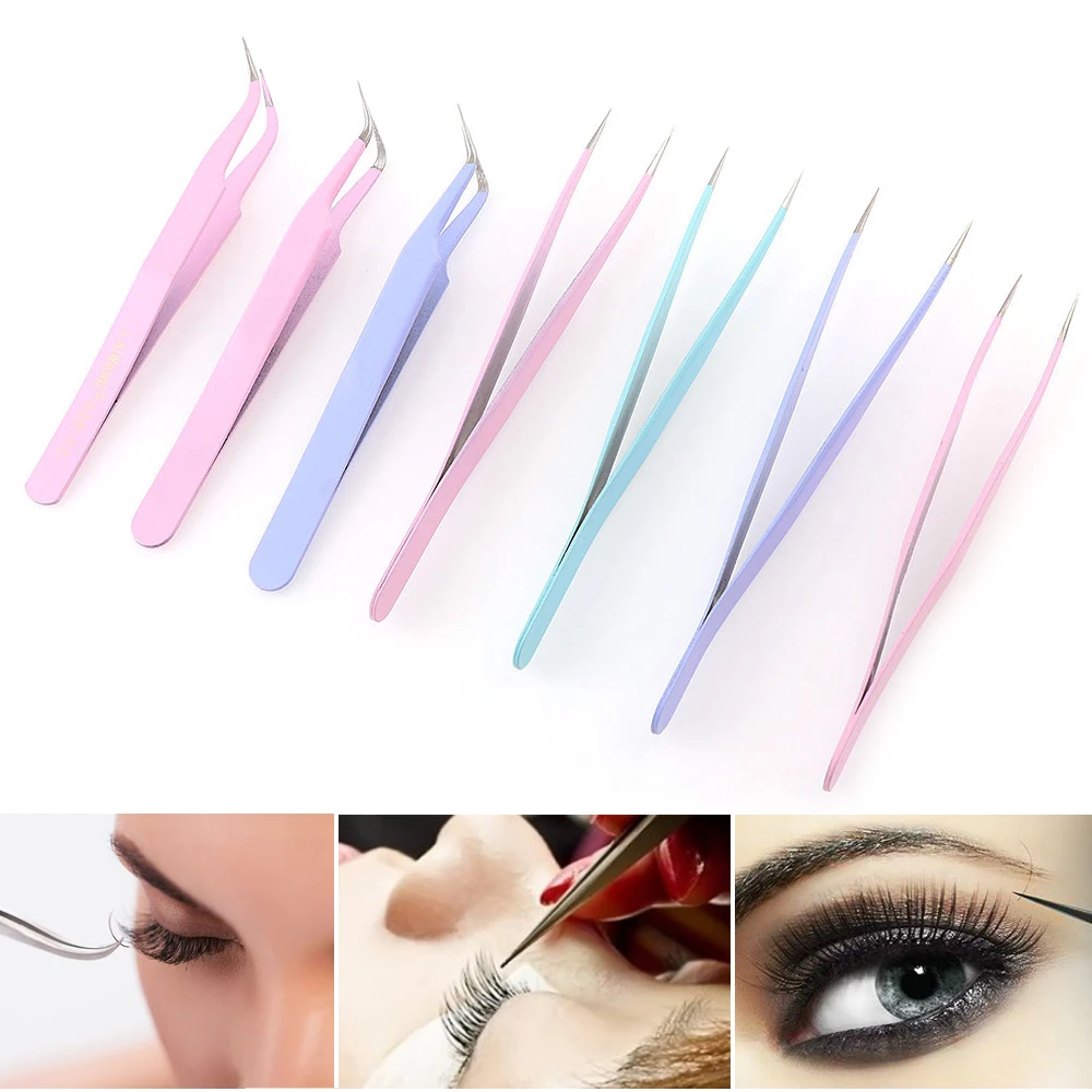 Macaron Series Pink Stainless Steel Mink Eyelash Extension Straight Or Bend Optional tweezers Professional Eye Lashes Tweezers