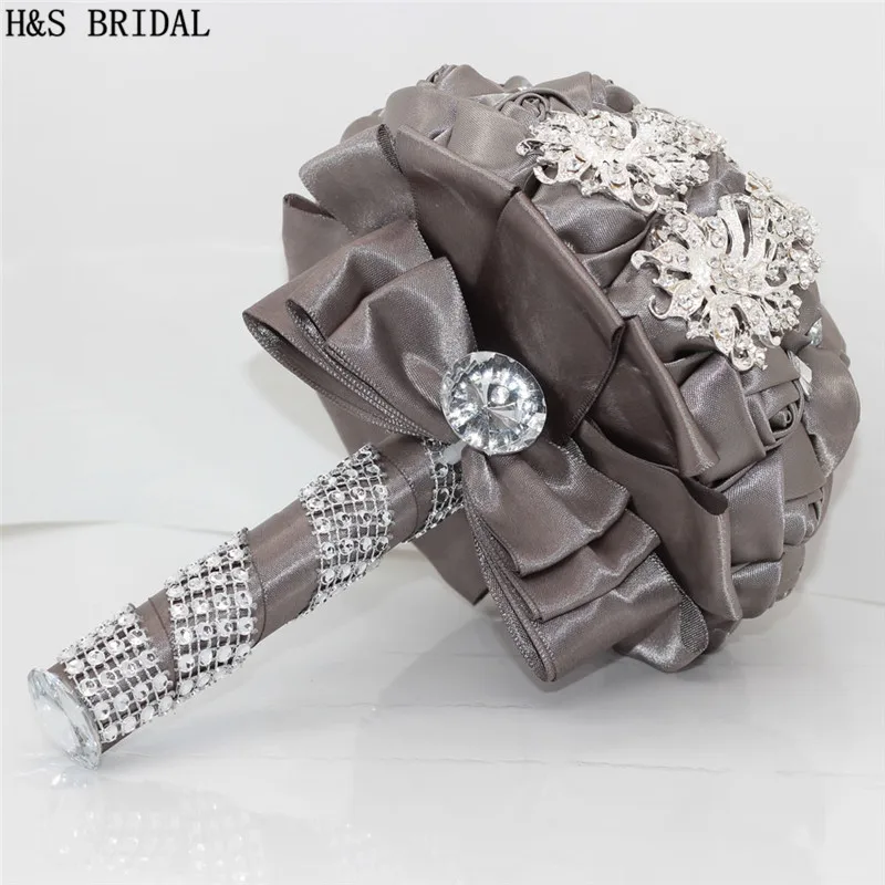 H&S BRIDAL Dark gray Wedding Flowers Bridal Bouquets Artificial Wedding Bouquets Rhinestone Rose buque de noiva