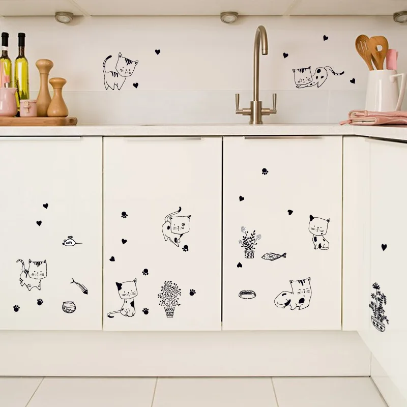 Cartoon Kitty Life Wall Stickers For Kids Room Home Decor Mural Removable Cute Cat Child Bedroom Decoration Self-adhesive Decals