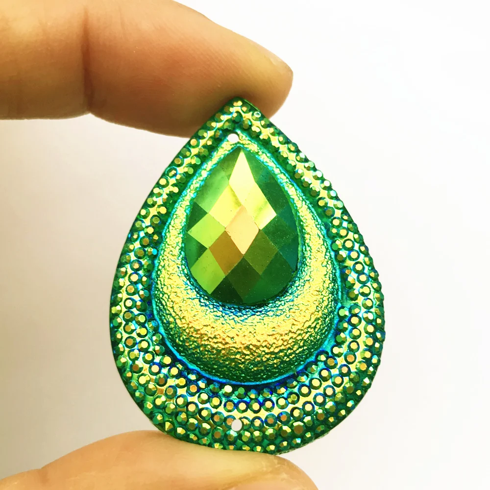 Resina 30x40mm Sparkly Drop Green AB cucire accessori strass Flatback cucito per cucire costumi decorazione abito da sposa