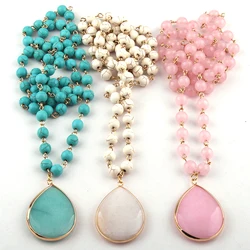 Fashion Bohemian Jewelry White/Blue turquoise/Pink Stone Rosary Chain Link Stone Drop Pendant Necklaces For Women