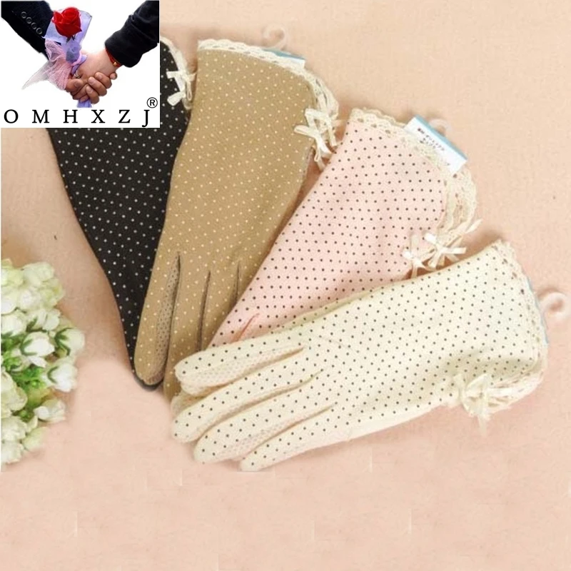 

OMH Summer sunscreen gloves drive antiskid ultraviolet women cycling thin shade cotton gloves dots bowknot bandage style ST18