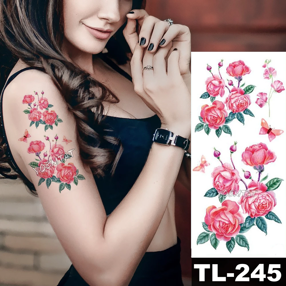 Purple Watercolor Rose Lily Flower Waterproof Tattoo Stickers Women Body Chest Art Temporary Tatto Girl Waist 3D Flowers Tatoo