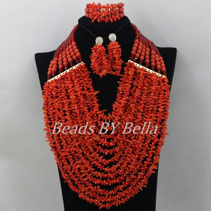 Chunky Layered African Wedding Beads Red Nigerian Coral Beads Necklace Jewelry Set Indian Bridal Jewelry Free Shipping ABF210