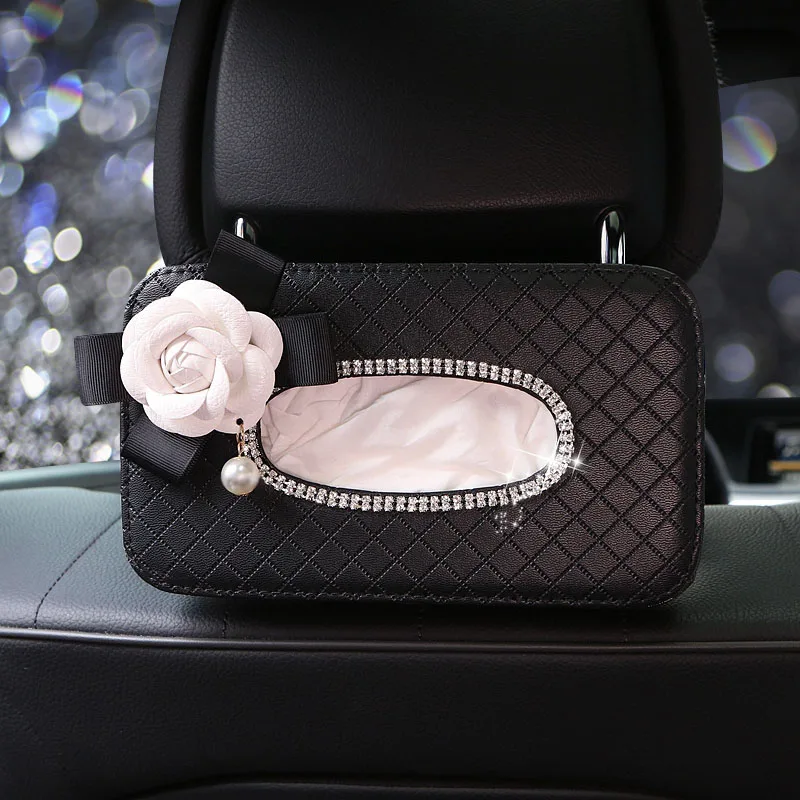 Crystal Car Tissue Box Camellia Flower PU Leather Auto Tissue Bag Seat Back Headrest Hanging Holder Case For Car Accessories