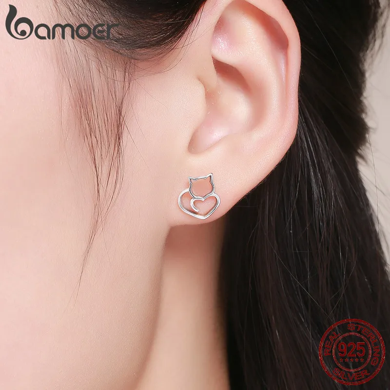 BAMOER Authentic 925 Sterling Silver Cute Cat Small Stud Earrings for Women Fashion Sterling Silver Jewelry SCE271