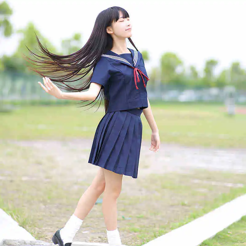 Japanese School Uniforms for Girls Cute Long-length Sailor Tops Pleated Skirt Full Sets Cos JK Costume Series D-0180