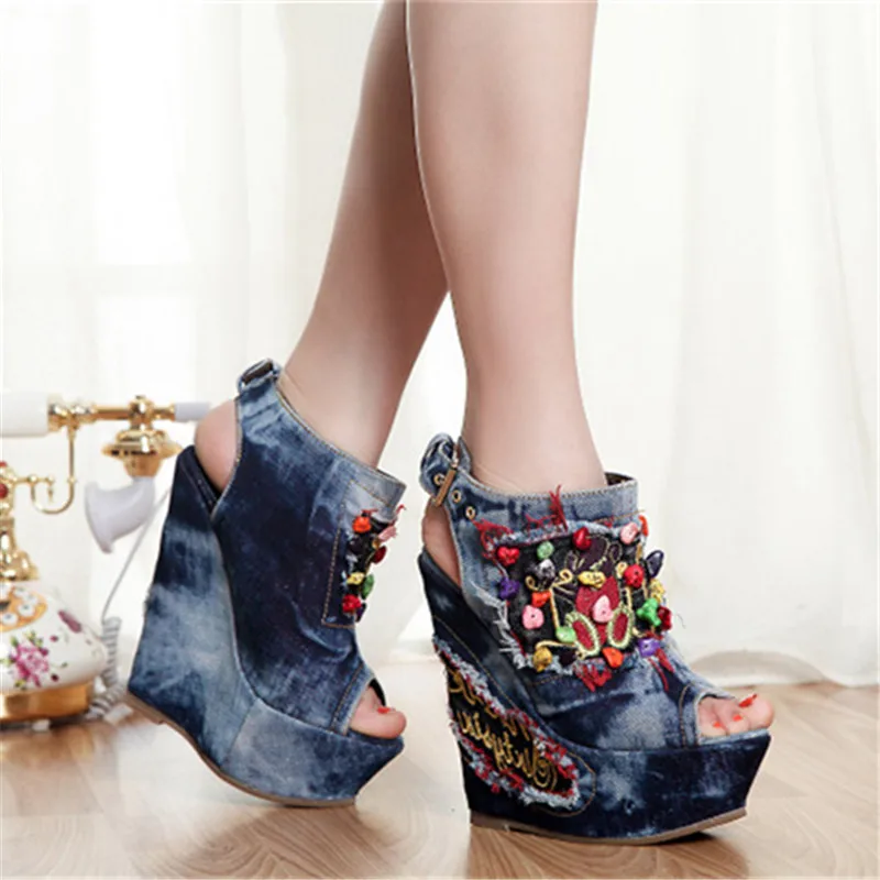 

Summer Denim Sandals Peep Toe Wedge Shoes Woman Beading 12CM High Heels Women Platform Pumps Ladies Wedges Thick Sole Creepers