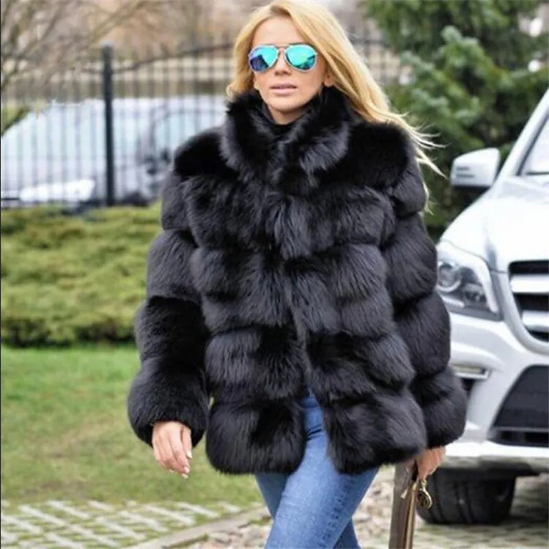 BINYUXD High Quality Thicken Pink Faux Fur Coat Women Plus Size Stand Collar Long Sleeve Faux Fur Jacket gilet fourrure bontjas