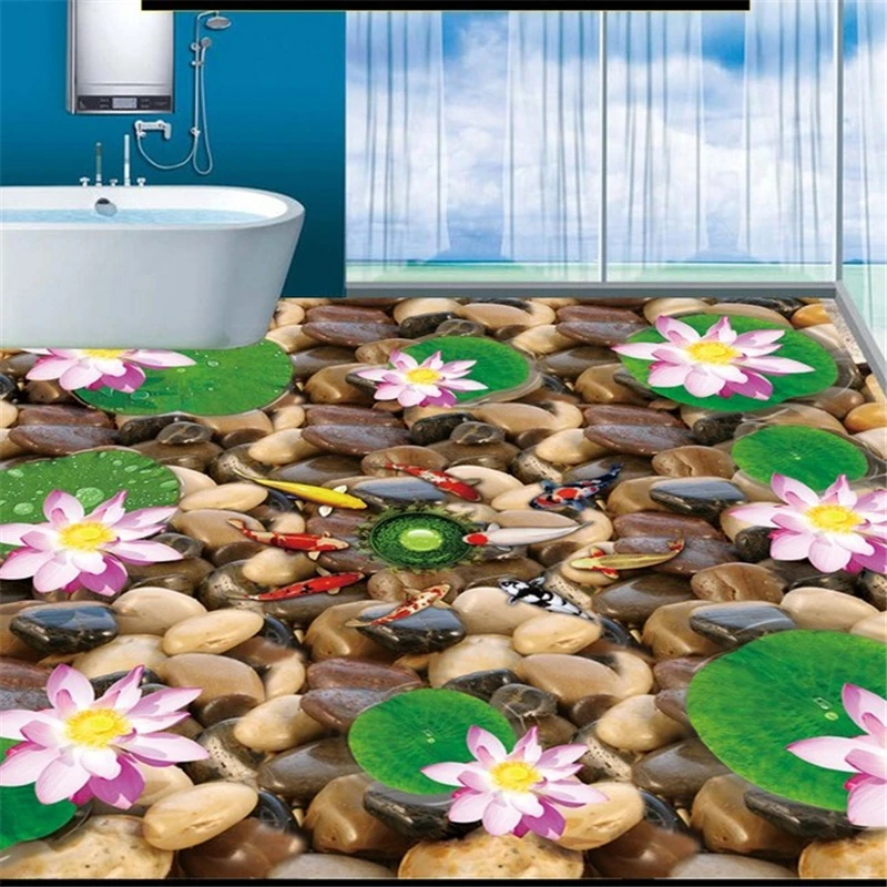 

beibehang papel de parede custom 3D nine fish lotus flower stone floor painting ceramic tile flooring hotel wallpaper mural