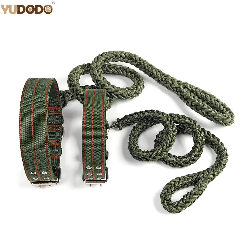 Strong Coarse Nylon Dog Leash Army Green Canvas Double Row Adjustable Dog Collar L/XL Medium Large Dog Pitbull Lead Set