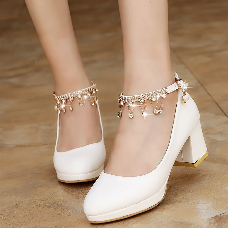 Women sweet Bridal Shoes Super High Heels Pumps String Bead Ankle Strap Platform Pump Dress Shoes Wedding Shoes