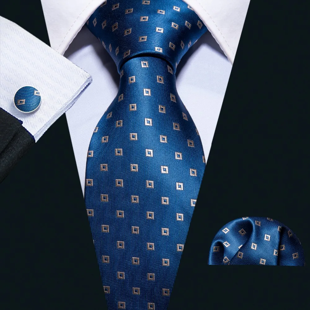 Sapphire Blue Geometric Pattern 100% Silk Men Tie Barry.Wang 8.5cm Woven Business Party Necktie Dropshipping Men Gift FA-5054