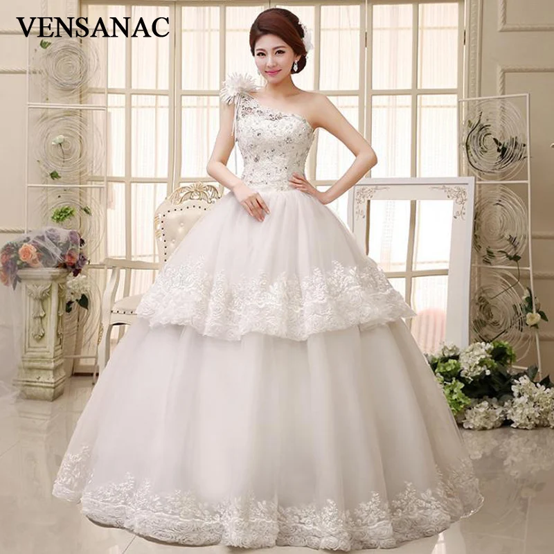 

VENSANAC Flowers One Shoulder Tiered Lace Appliques Ball Gown Wedding Dresses Crystal Backless Bridal Gowns