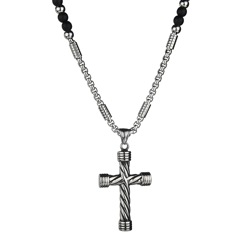 Stainless Steel Cross Pendant Necklace Silver Color Stainless Steel Chain Black Stone Strand Beads Necklaces Ethnic Jewelry Men