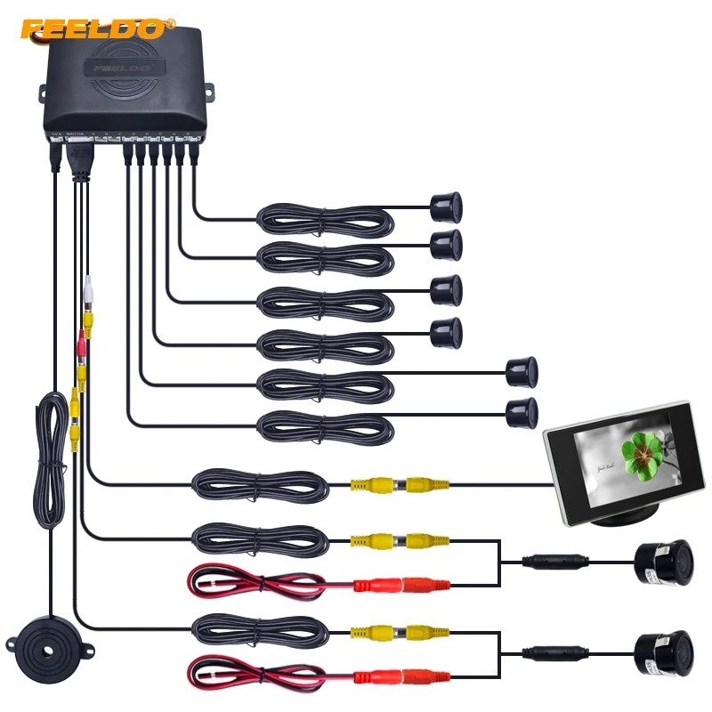 

FEELDO 1Set Car 6 Sensors Front&Rear Dual View Parking Sensor Backup Radar System +Monitor+18.5mm Camera #FD-4445