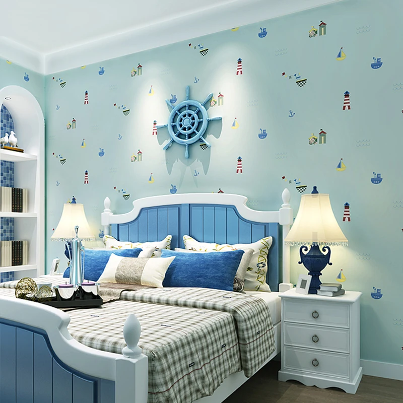 

Mediterranean Style Cartoon Children Wall Paper 3D Non Woven Wallpapers Roll Blue Wall Mural Wallpaper for Kids Bedroom