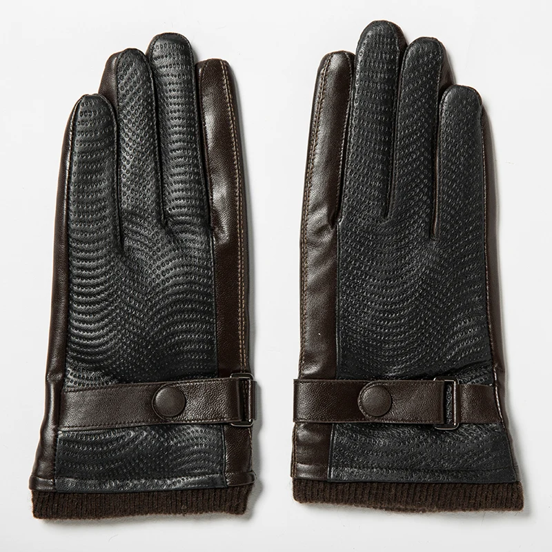 New Autumn Fashion Mens Leather Gloves Goatskin Belt Button Male Mittens Plus Velvet Warm Gloves For Men Outdoor Driving Gloves