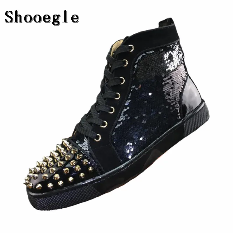 SHOOEGLE New Men Sequins Rivets Shoes Fashion Studs Mens Hightop Sneakers Espadrilles Lace-up Platform Flat Casual Shoes EU39-47