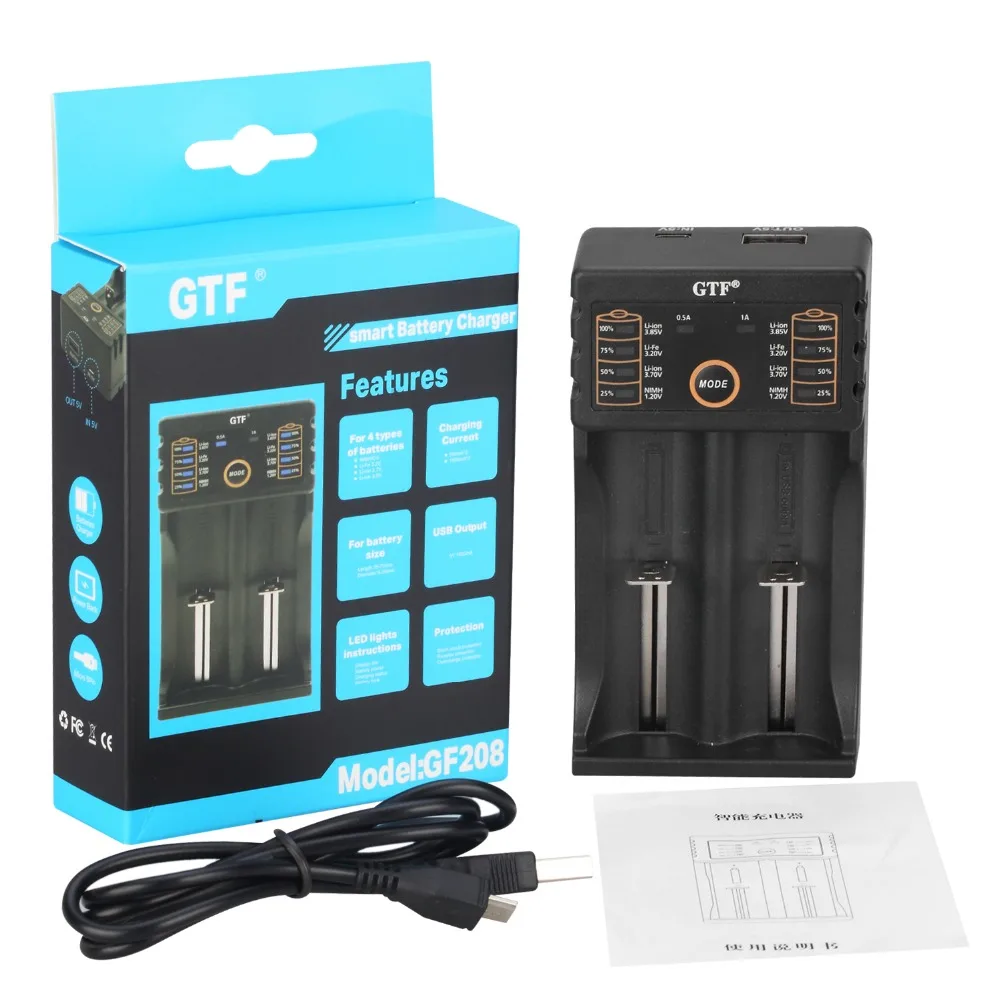 GTF – 2 batteries rechargeables au Lithium 3.7V 3000mah 18650, pour lampe torche + 1 chargeur 18650