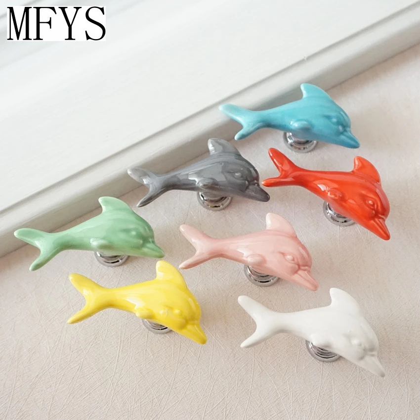 Ceramic knobs Dolphin Colorful Dresser Knobs / Drawer Cabinet Handles Children Cupboard Knobs Decorative Handle Red Pink Yellow