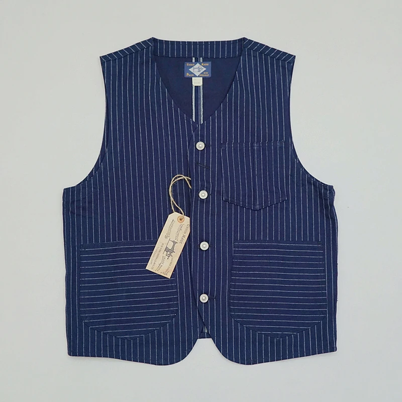 

BOB DONG Wabash Stripe Work Vest Vintage 1920s Indigo Blue Men's Denim Jacket L