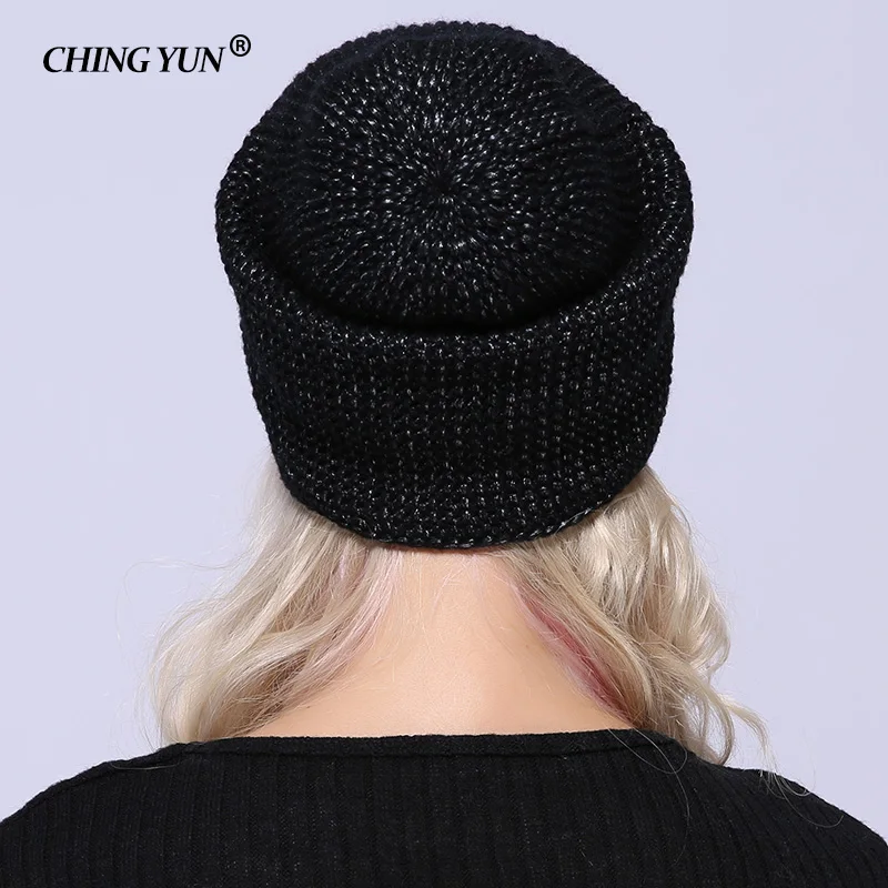 CHING YUN 2018 winter Knitted Skullies Warm hats for women Cashmere knit beanie hat female wool Fluffy lining Silver plated yarn