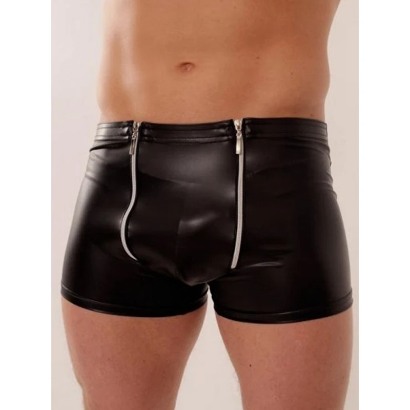 Underwear Man Black Sheath Vinyl Pants Sleepwear Lingerie Sexy Black Zipper Leather Men Boxers Underpants W850545