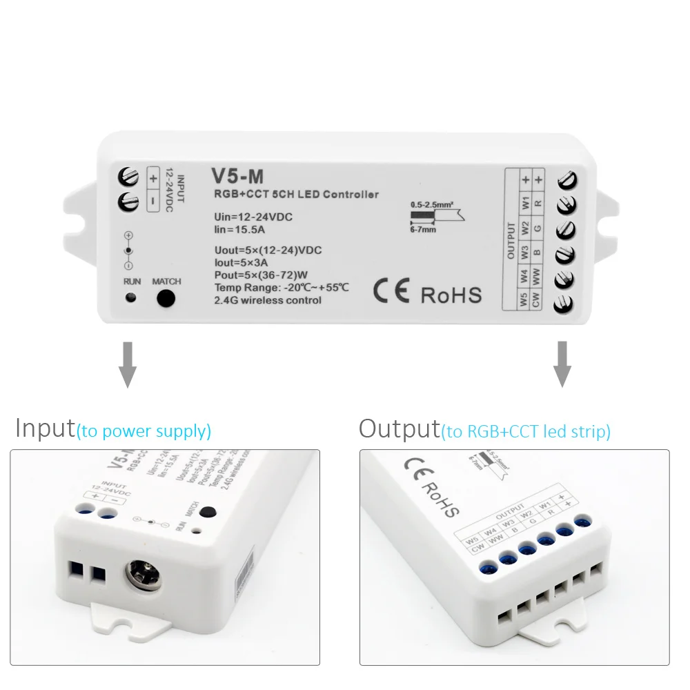 RGB RGBW CCT RGBCCT Controller 12V 24V 5 IN 1 RGBWW LED Strip Light Controller Wifi RF Wireless 2.4G Touch Remote Control