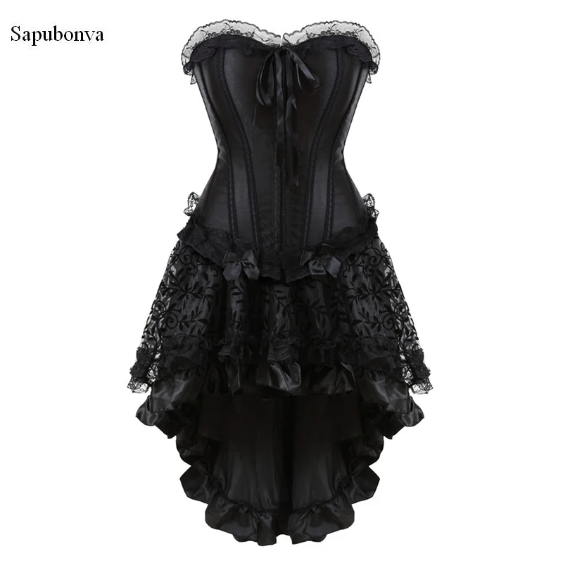 Sapubonva burlesque corset and skirt set irregular lace up gothic bustier corset dresses for women adjustable plus size black