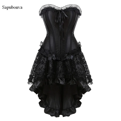 Imagen 2 del producto Sapubonva-Conjunto de corsé y falda burlesco, corpiño gótico con cordones irregulares, vestidos de corsé para mujer ajustables de talla grande negro