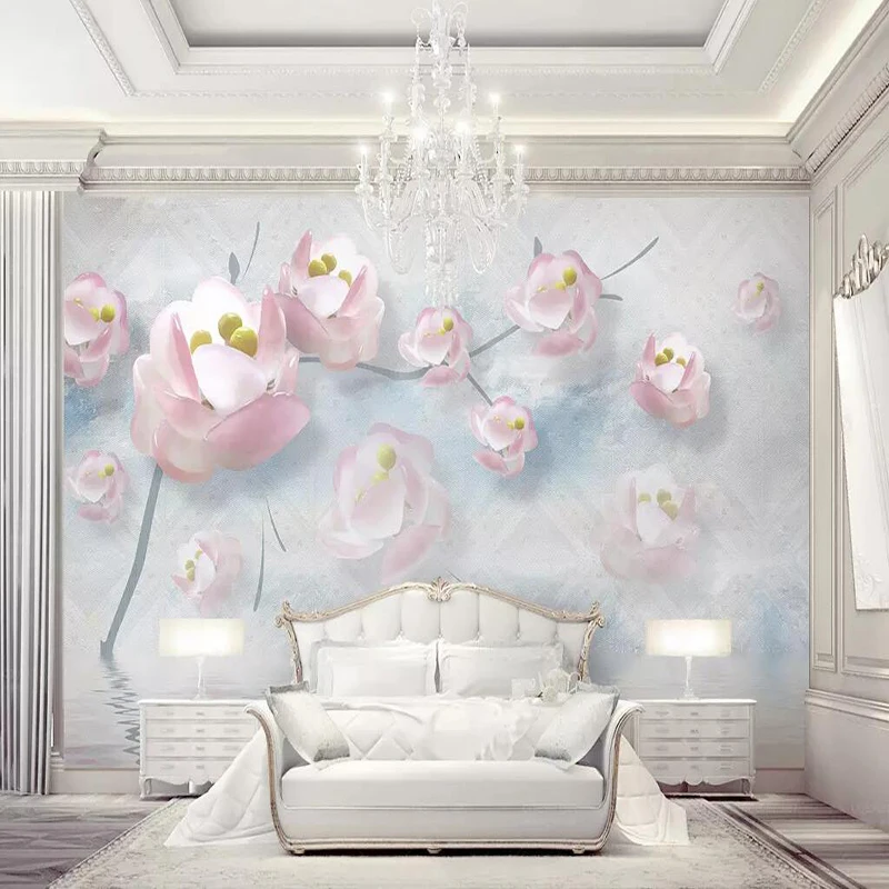 

Decorative wallpaper Beautiful flowers, water reflection, 3D stereo jewellery TV background wall