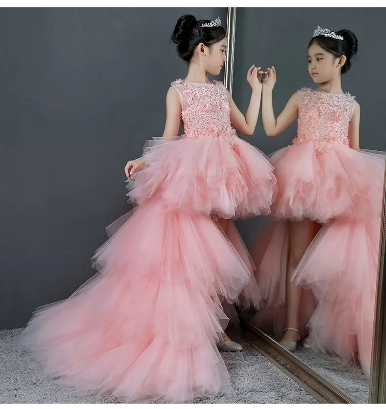 Glizt Long Trailing Flower Girls Dresses for Wedding Pink Puffy Kids Pageant Dress First Holy Communion Gown Party Prom Dress