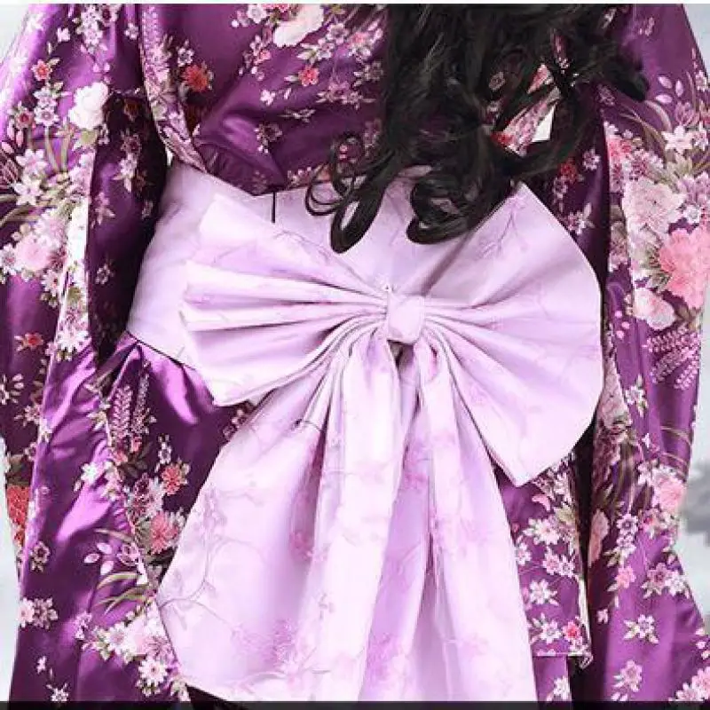 Vintage Traditional Female Silk Rayon Kimono Yukata With Obi Sexy Purple Japanese Women Evening Dress Halloween Cosplay Costume