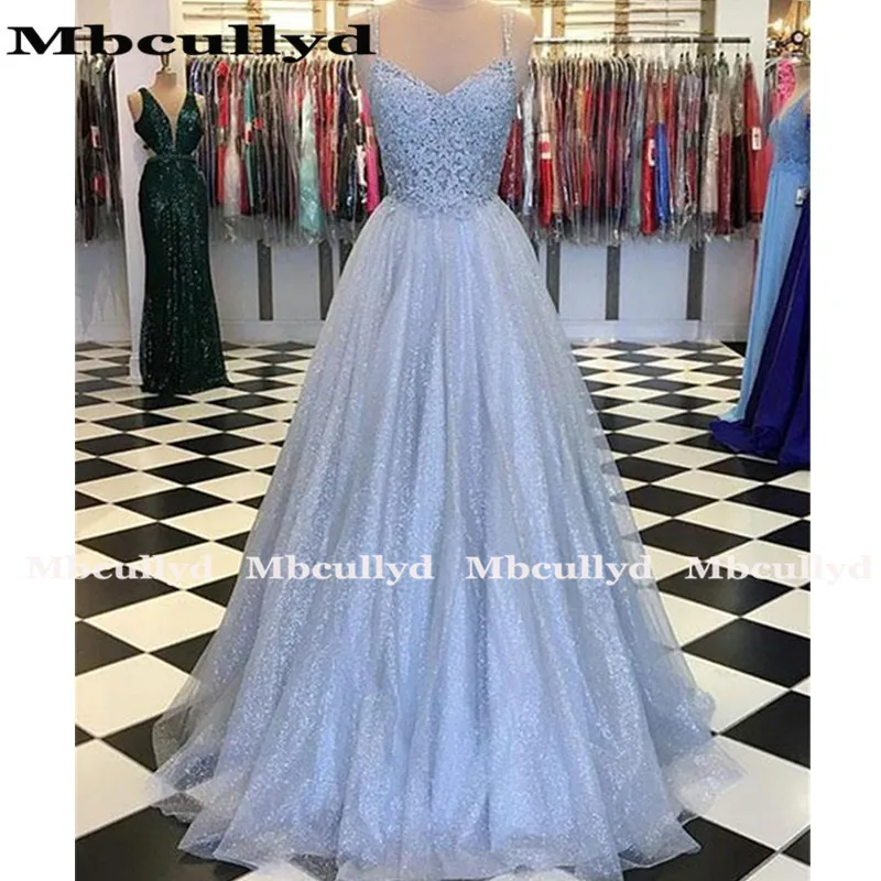 Mbcully Blue Tulle Long Prom Dresses For Women 2023 Spaghetti Strap A Line Applique Lace Evening Dress Party Gown Customize