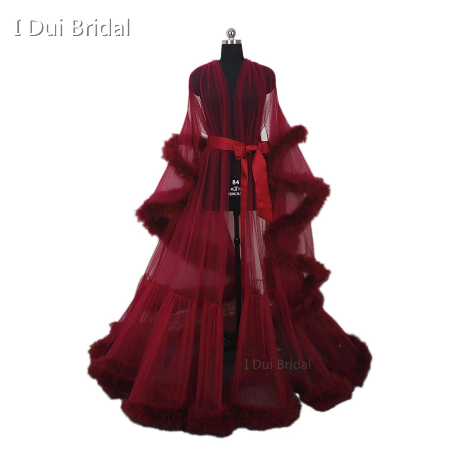 Burgundy Feather Robe  Boudoir Tulle Illusion Bridal Robe Long Gift for Bride Homecoming Party Dress