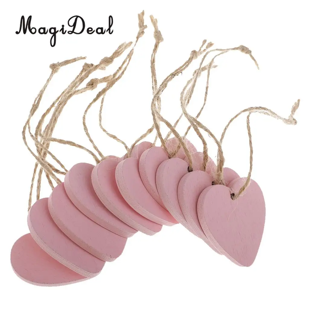 MagiDeal 10 Pieces Painted Wood Heart Tags Hanging Craft DIY Scrapbook Crafts Accessories Wedding Decoration Party Decor Pink