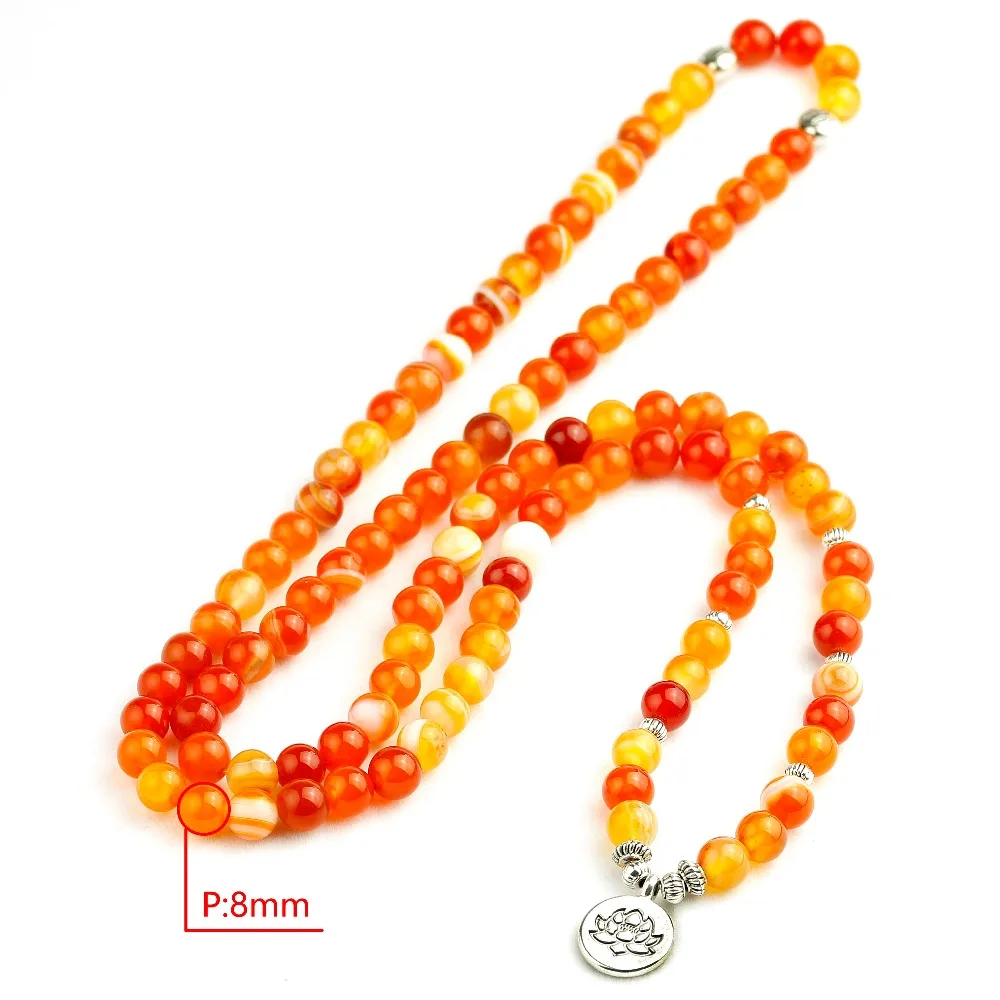 8MM Orange Stripe Onyx Mala Bracelet Women Lotus Tree Wing Pendant Necklace Unisex 108 Prayer Beads Stone Jewelry Men