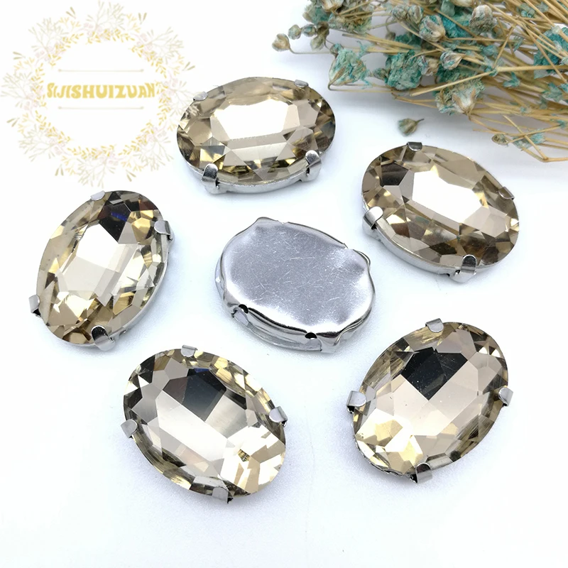 Classic style Light coffee OVAL shape Glass Crystal sew on rhinestones with four claw Diy wedding decoration