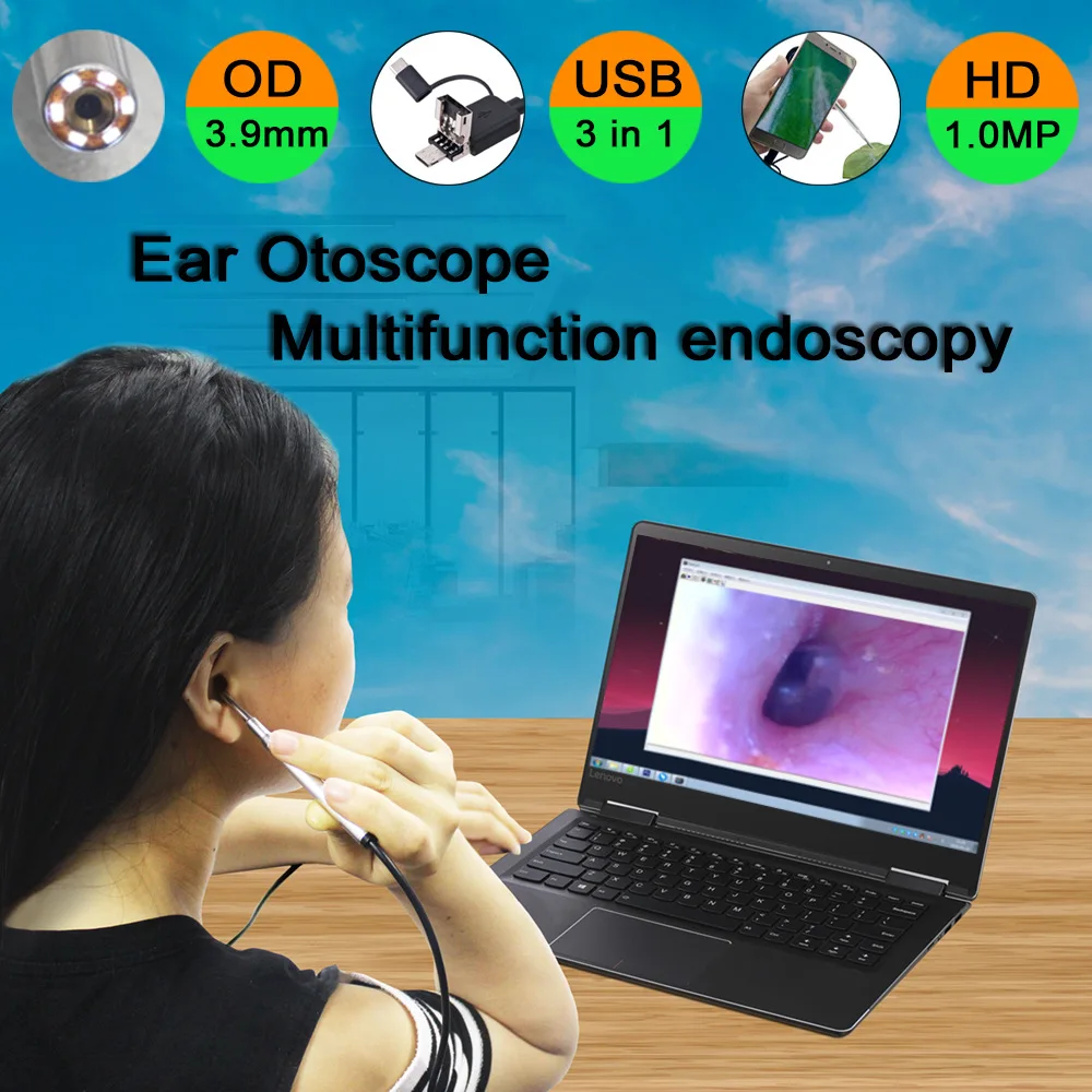 3.9MM Child Ear Otoscope 3 in 1 Ear Cleaning Endoscope Ear Scope Inspection Camera with 6 Adjustable LEDs For PC USB-C Android
