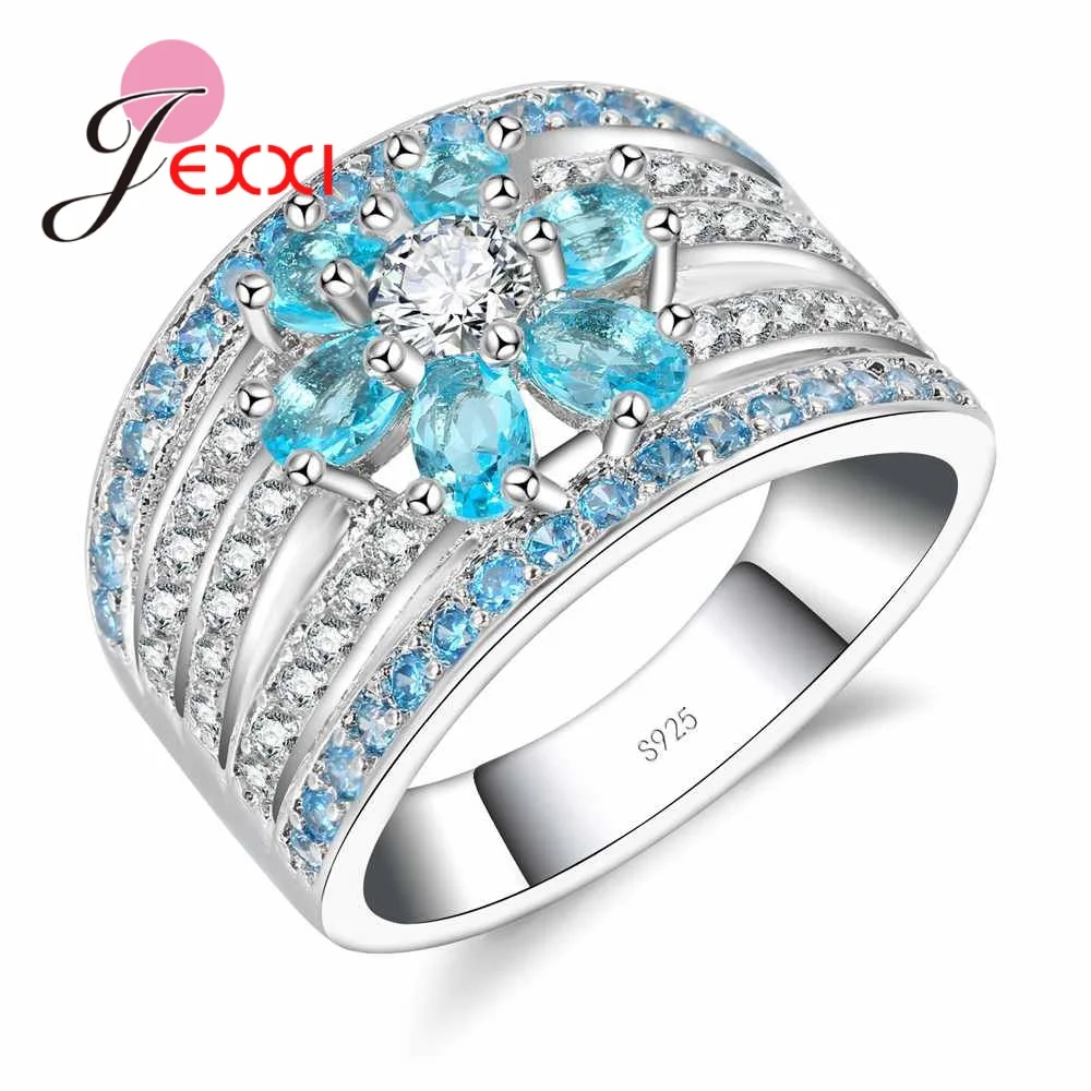 

New Stylish Women Female Anel Luxury Wide Hollow Band Paved Blue Zircon Flower 925 Sterling Silver Jewelry for Bridal