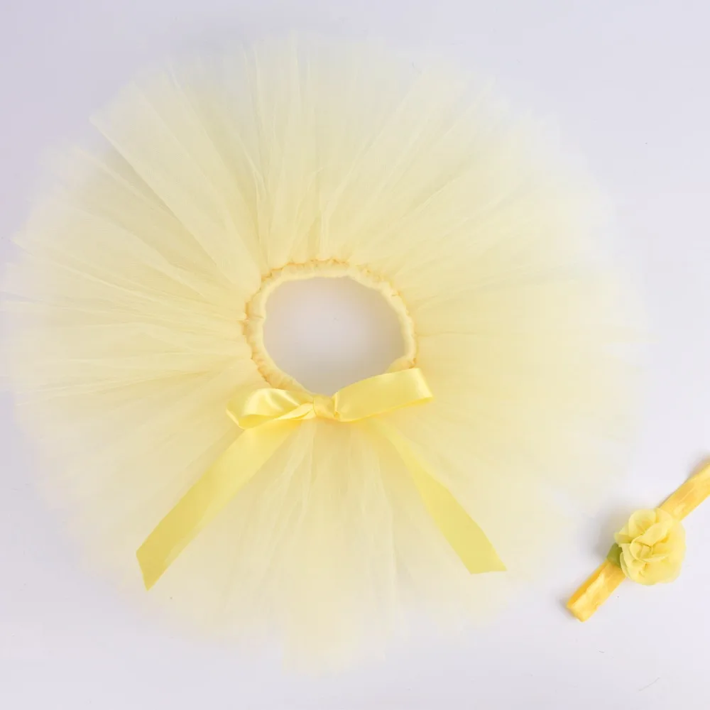 Light Yellow Solid Baby Girls Fluffy Tutu Skirt & Headband Set Newborn Photo Prop Costume Infant Birthday Tulle Tutus For 0-12M