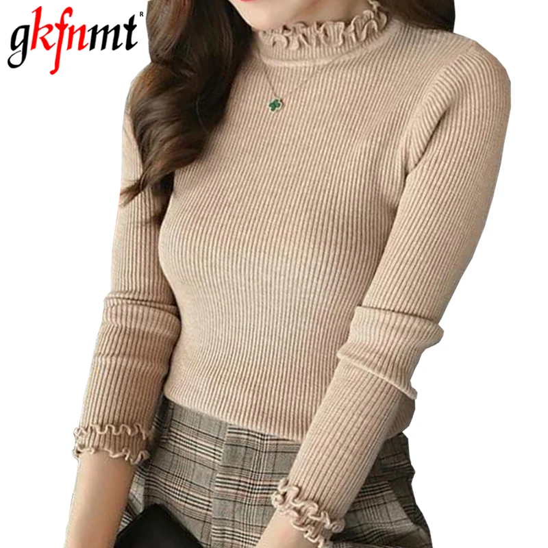 

gkfnmt Women Sweater Pullover Basic Rib Knitted Cotton Top Solid Turtleneck Ruffled Jumper Long Sleeve Warm Slim Korean Sweaters