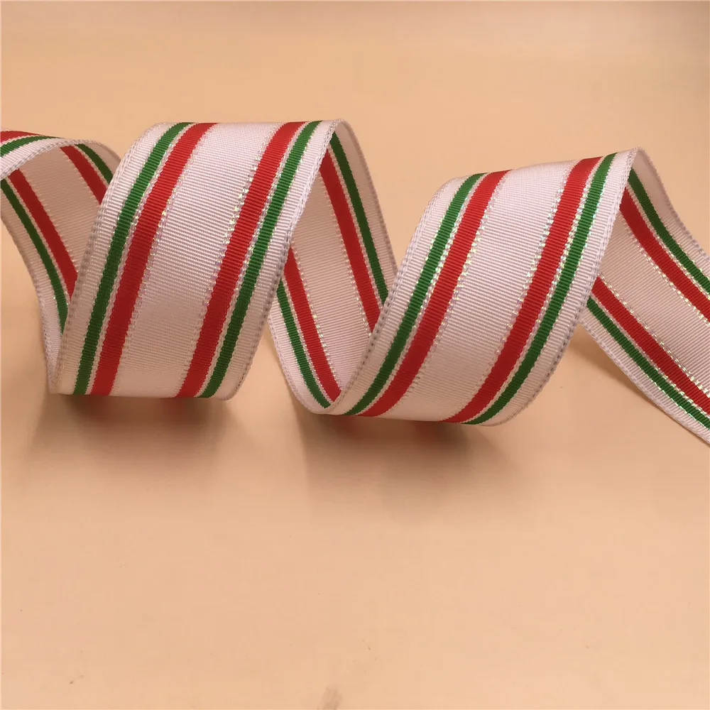 

N2057 38MM Red Green White Striped wired grosgrain ribbon with lurex gift wrapping 25yards roll