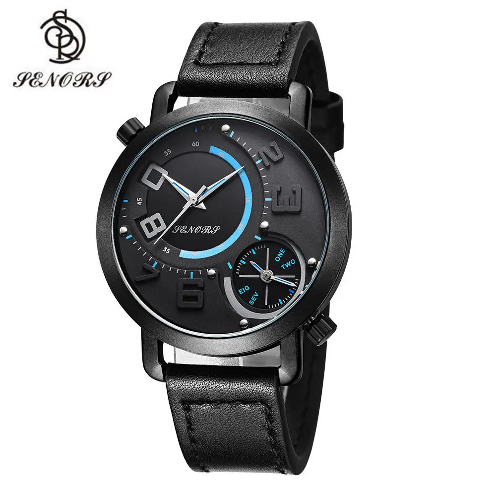 

SENORS New Fashion Double Movement Quartz Watches Men's Black Belt WristWatch Men Sport Hour Male Clock Relogio Masculino