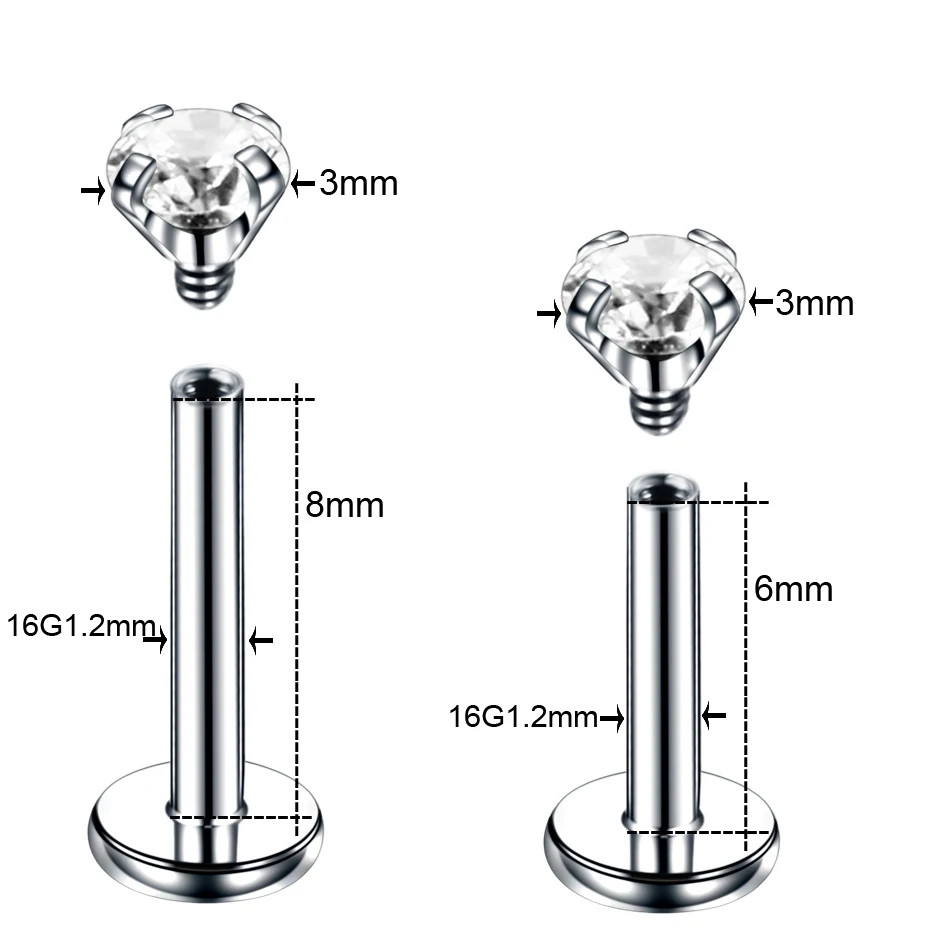 1PC 16G Stainless Steel Labret Piercing Internal Thread Helix Tragus Stud Earring CZ Gem Cartilage Lip Piercing Jewelry Women